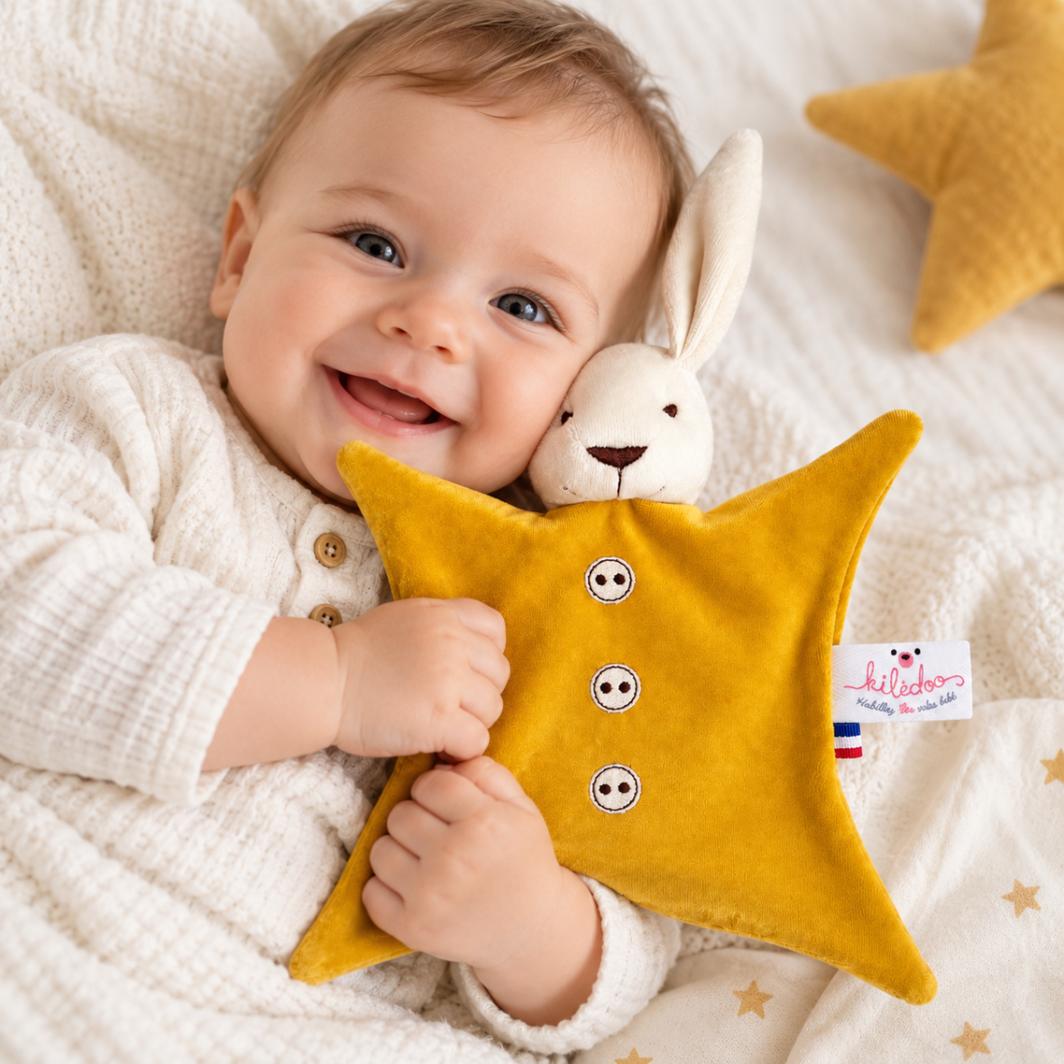 Bébé avec doudou lapin